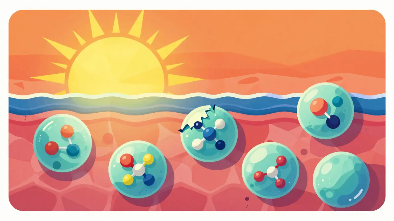 Artistic view of sun rays hitting skin cells with medicine particles inside.