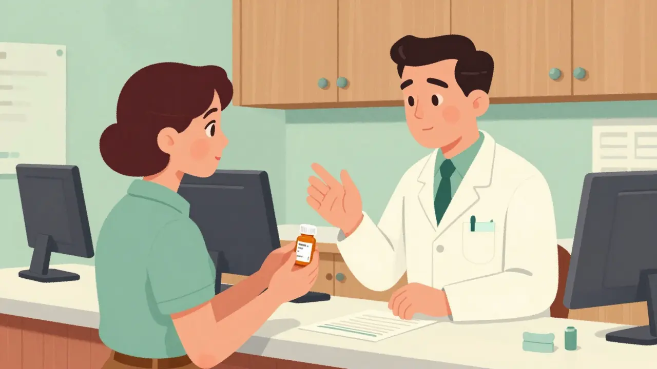 Calm patient discussing medication label with a pharmacist