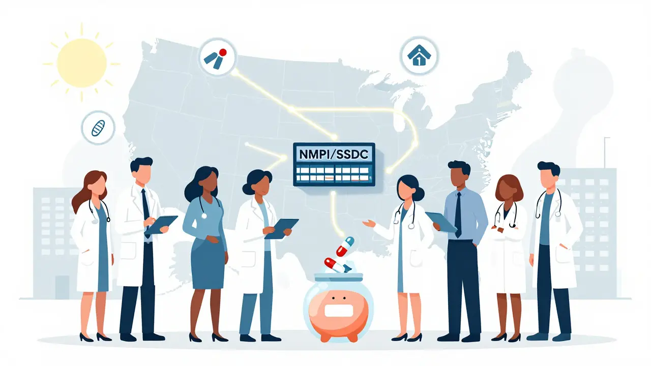 Clinic staff viewing U.S. map showing Medicaid pools connecting to central drug warehouse.
