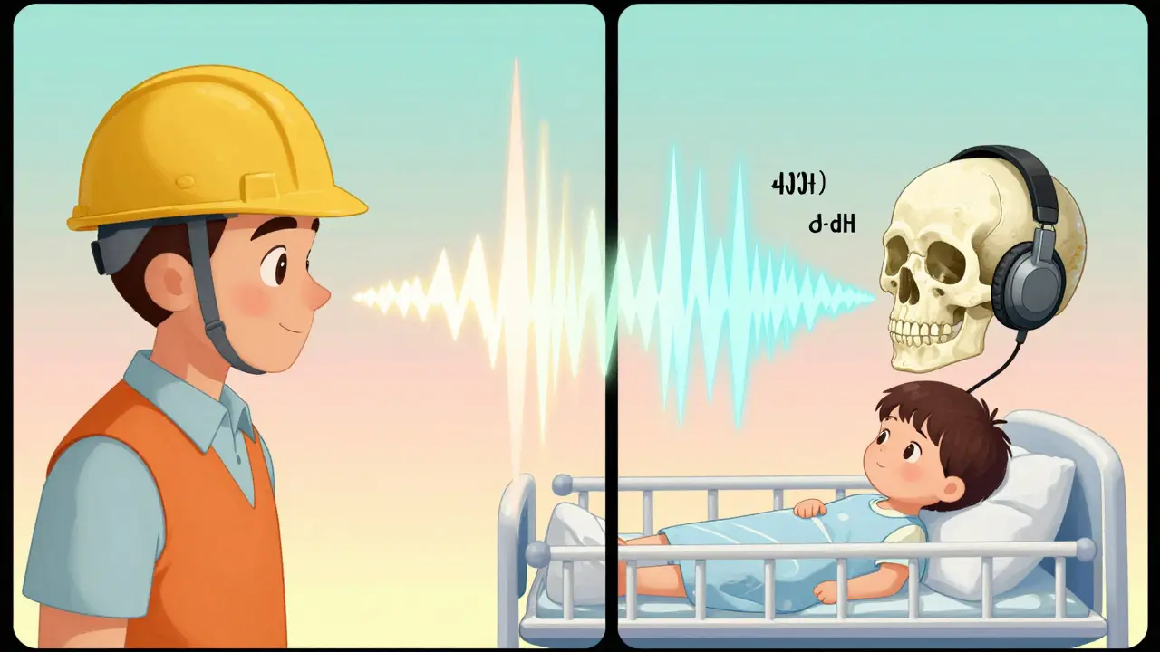 Construction worker and baby connected by a soundwave leading to an audiometer.