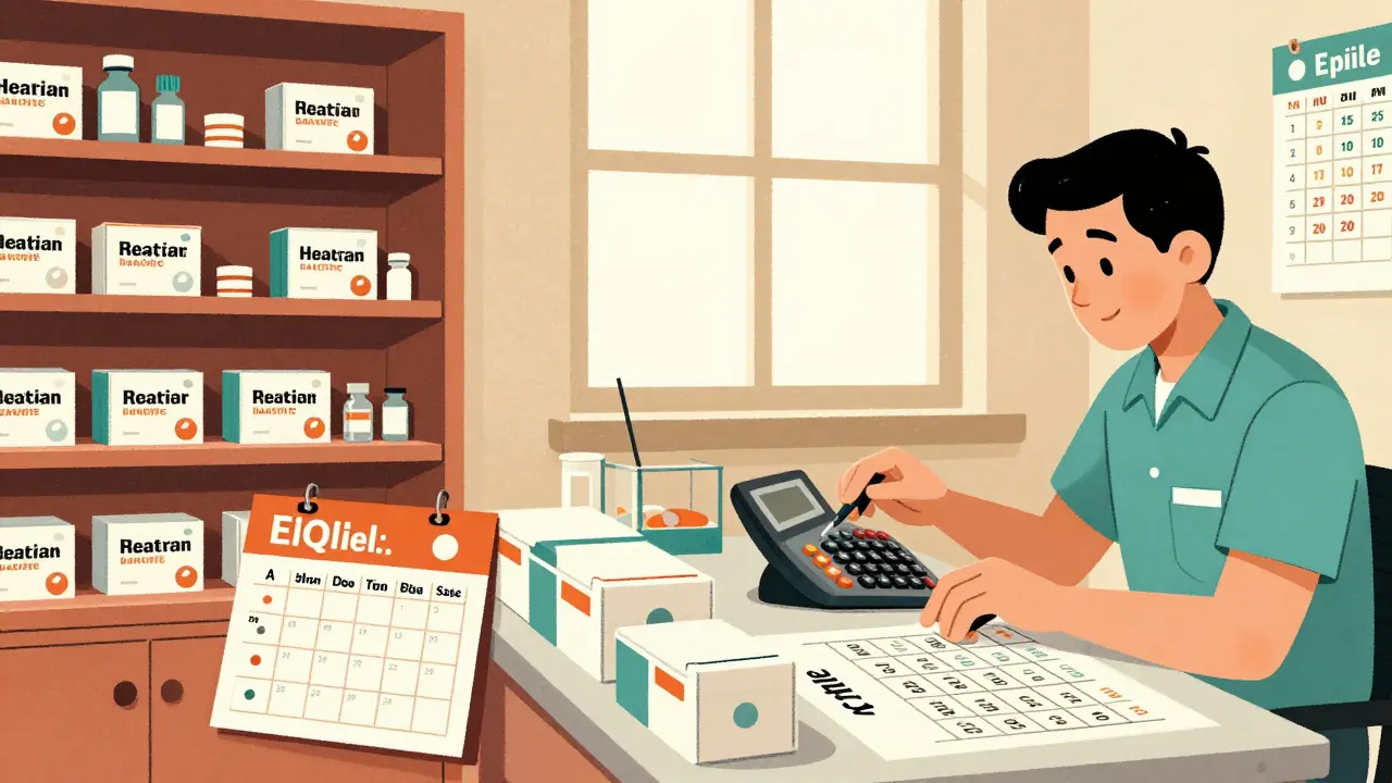 Contrasting messy storage room with organized inventory station tracking medication expiration dates.