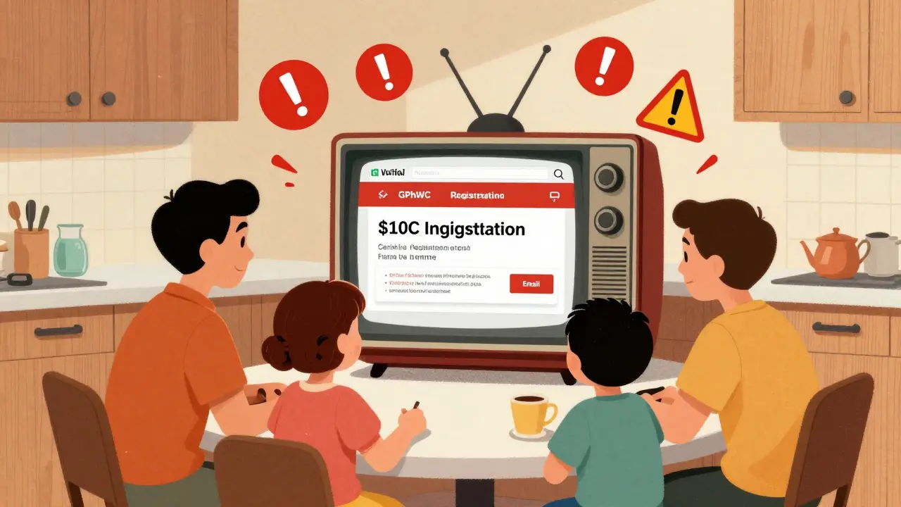 Family examining two websites on a retro TV, one legitimate with official registration, the other a scam with flashing ads and suspicious offers.