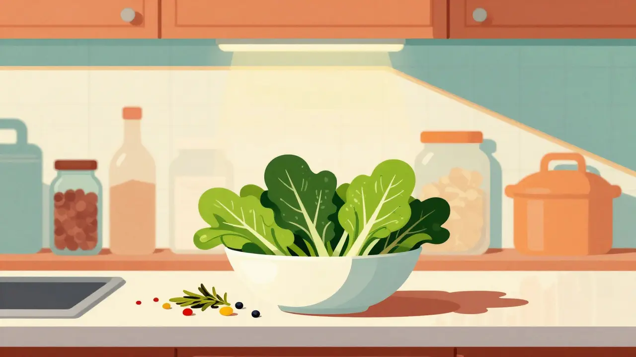 Fresh vegetables versus processed food items on kitchen counter.