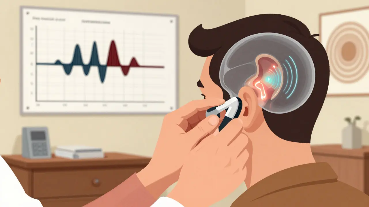 Hands adjusting a bone oscillator with a transparent skull showing inner ear vibrations.