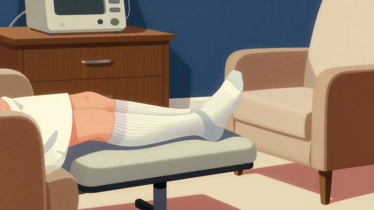 Patient legs elevated on cushion wearing compression stockings.