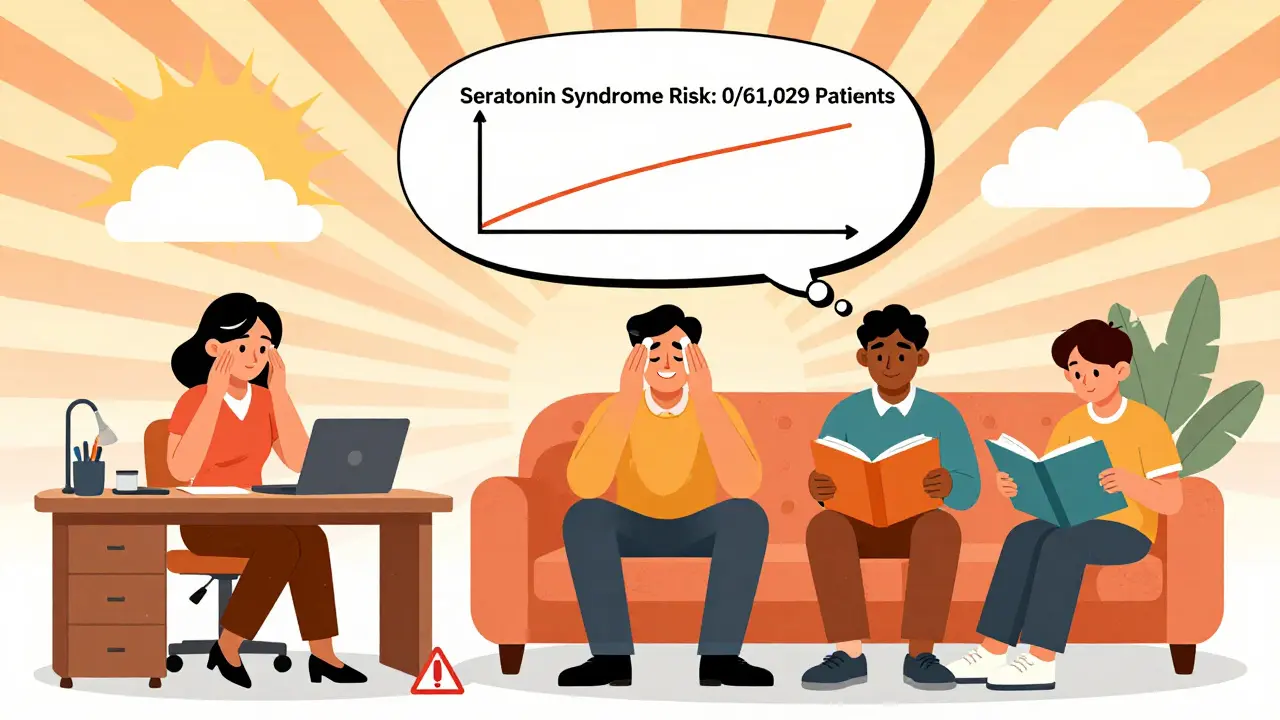 People smiling with triptan and SSRI pills, above a graph showing zero serotonin syndrome cases.