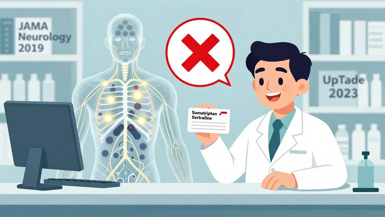 Pharmacist holding a prescription with a red alert bubble crossed out, showing safe serotonin receptors.