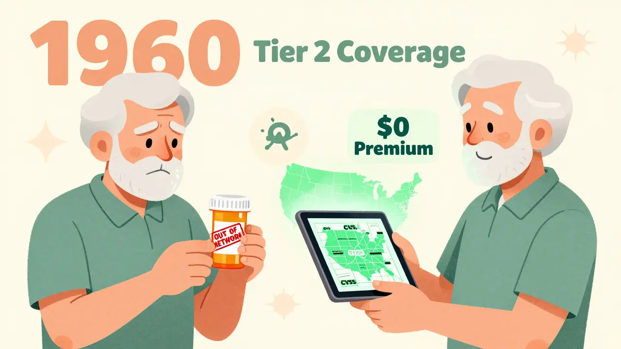Senior comparing pharmacy networks and drug tiers on a tablet, with preferred pharmacies highlighted in green.