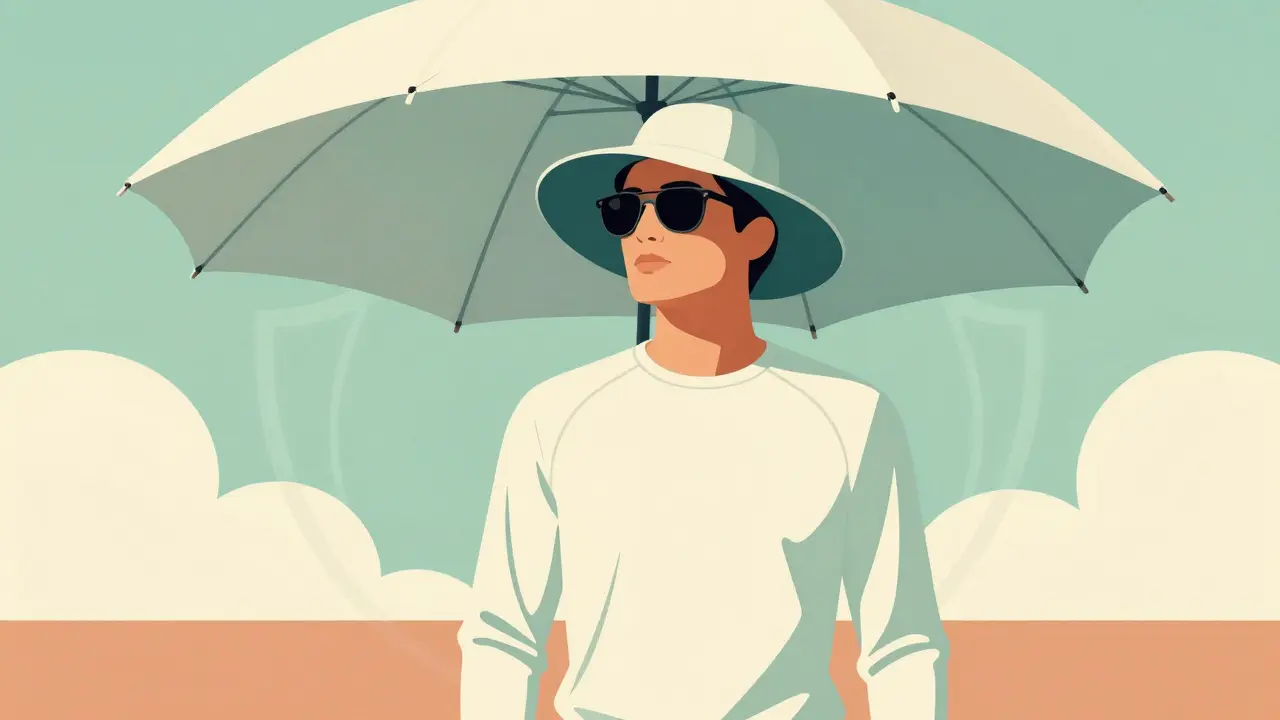 Stylish figure in full sun protection gear standing under a shade umbrella.