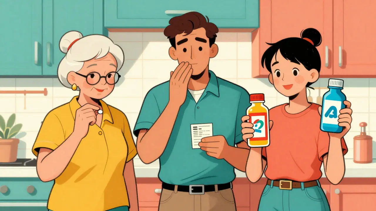 Three generations hold different types of medication in a retro-styled kitchen, showing generational attitudes toward brand names.