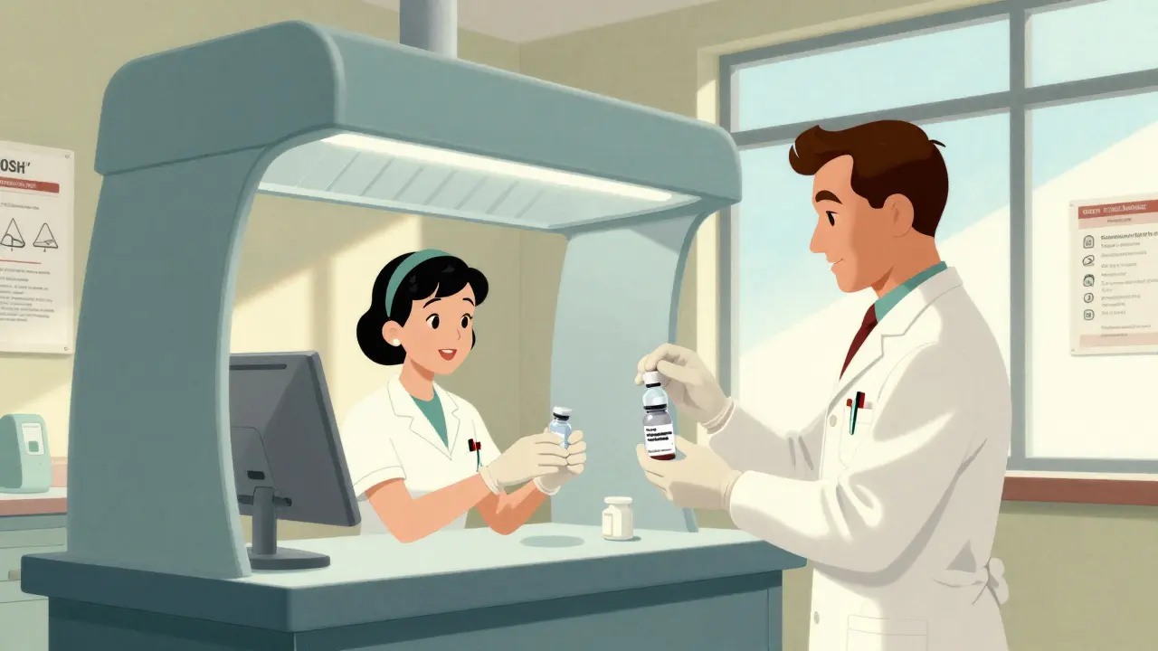 Two pharmacists double-gloving to handle a hazardous cancer drug inside a curved ventilation hood in a mid-century pharmacy.