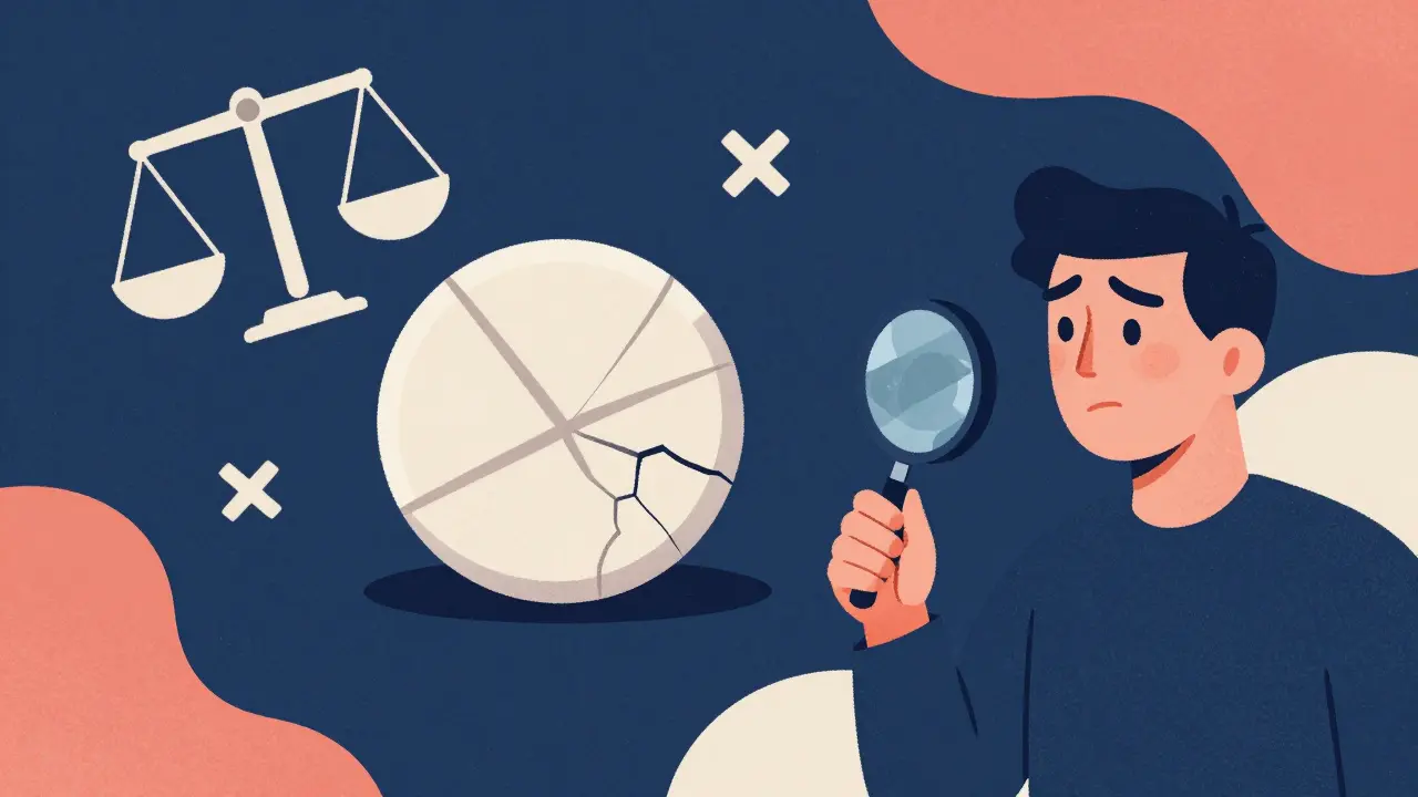 A person examining a combination pill, symbolizing the lack of dosing flexibility.