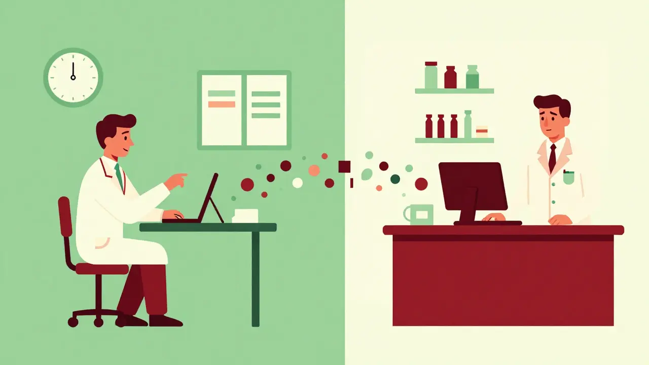 Abstract illustration of digital data flowing between a doctor and a pharmacist.