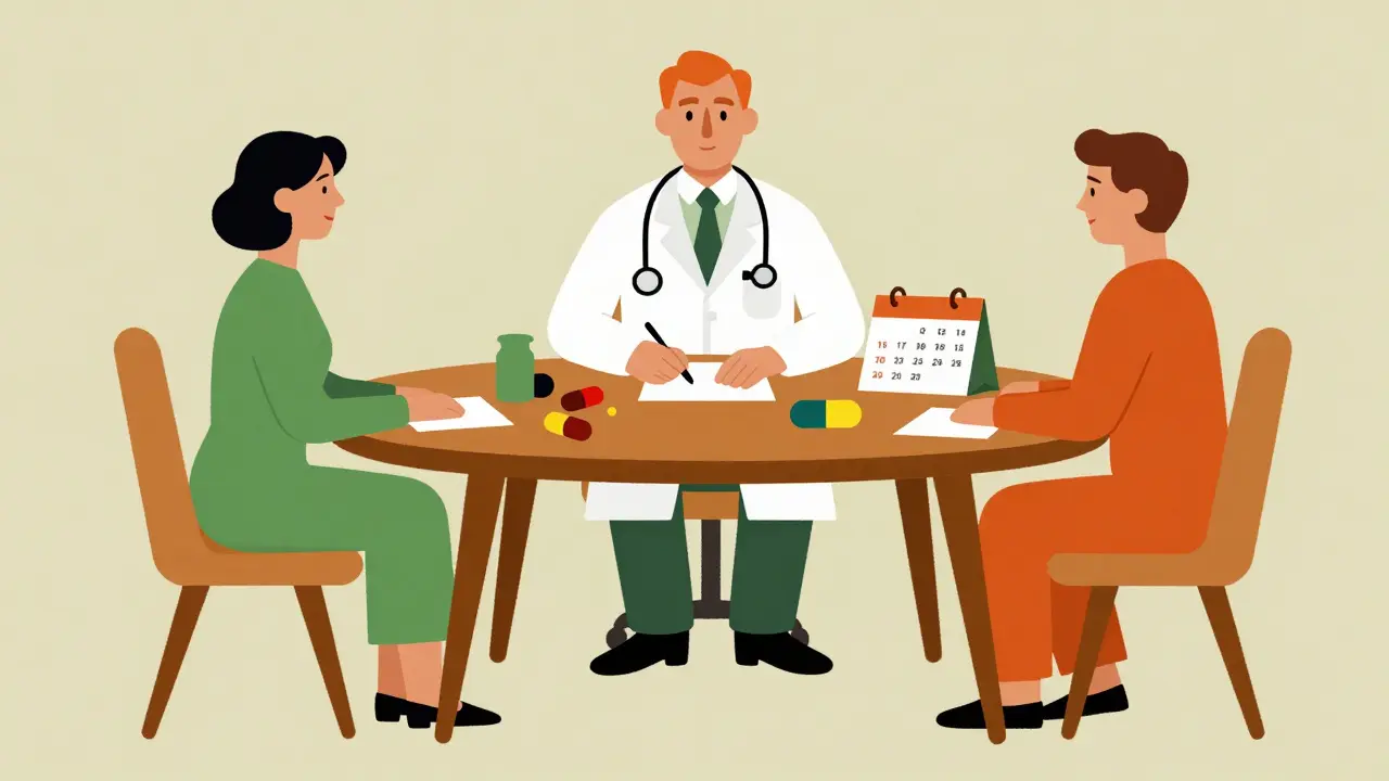 Couple and doctor discussing a medication timeline around a vintage kidney table