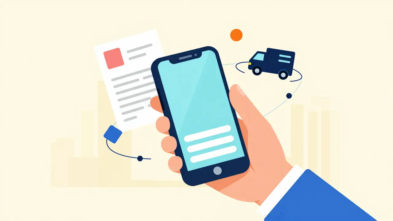 Digital illustration of a hand using a device to order medication with floating icons