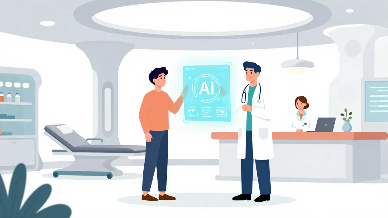 Doctor and pharmacist collaborating with a futuristic AI health data interface.