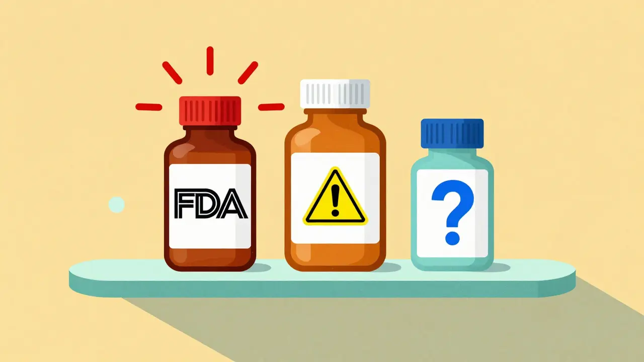 Graphic illustration of three medicine bottles representing different FDA recall risk levels.