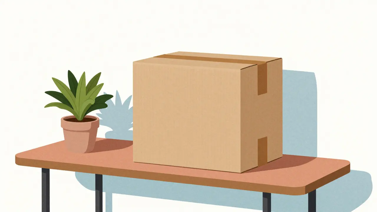 Illustration of a discreet medication delivery package on a retro-style entryway table