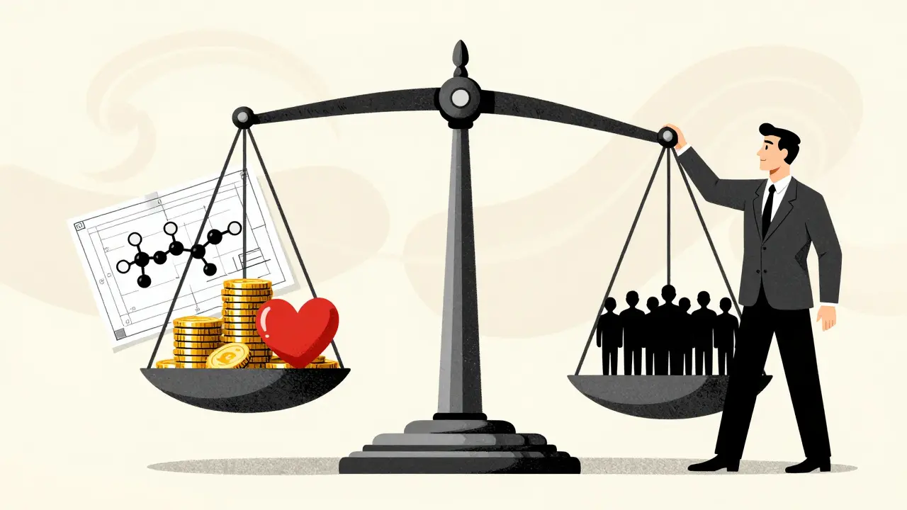 Illustration of a scale balancing gold coins and corporate blueprints against a human heart.