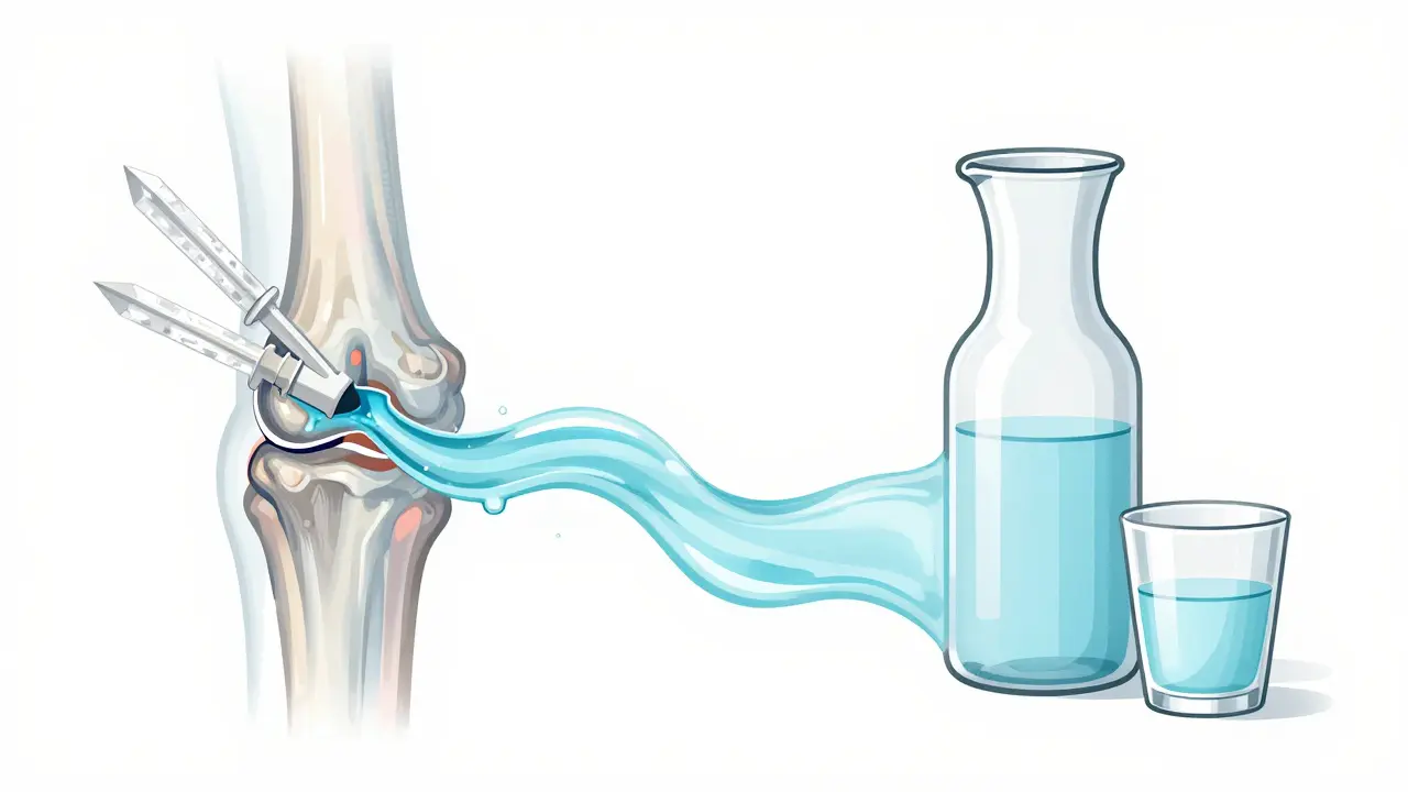 Illustration showing white crystals dissolving in a joint next to a glass of water.