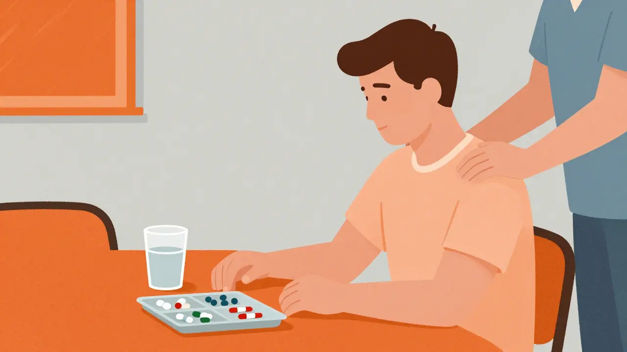 Mid-century art of a patient with medication and a supportive care partner.