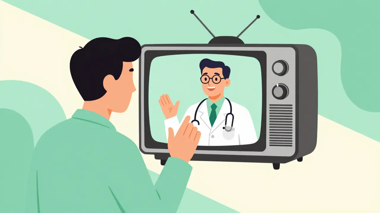 Mid-century modern art of a patient having a telemedicine consultation with a doctor on a screen