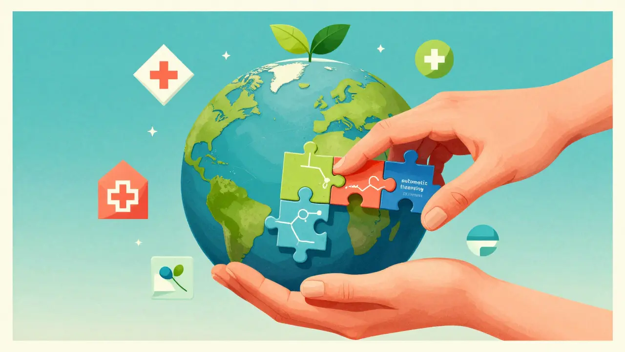 Mid-century modern art showing a hand unlocking medical and climate technology symbols around a globe.