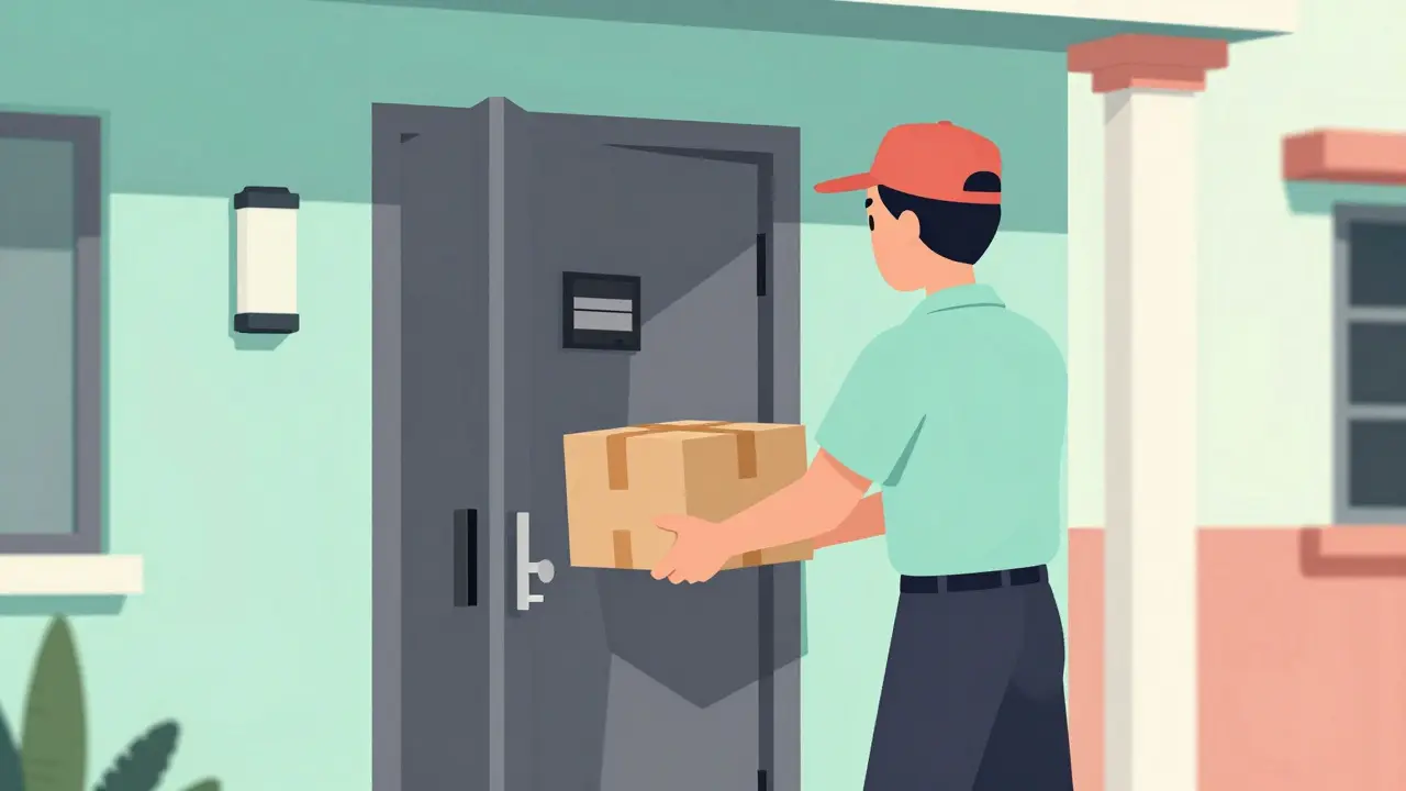 Mid-century modern cartoon of a courier delivering a medical package to a house.