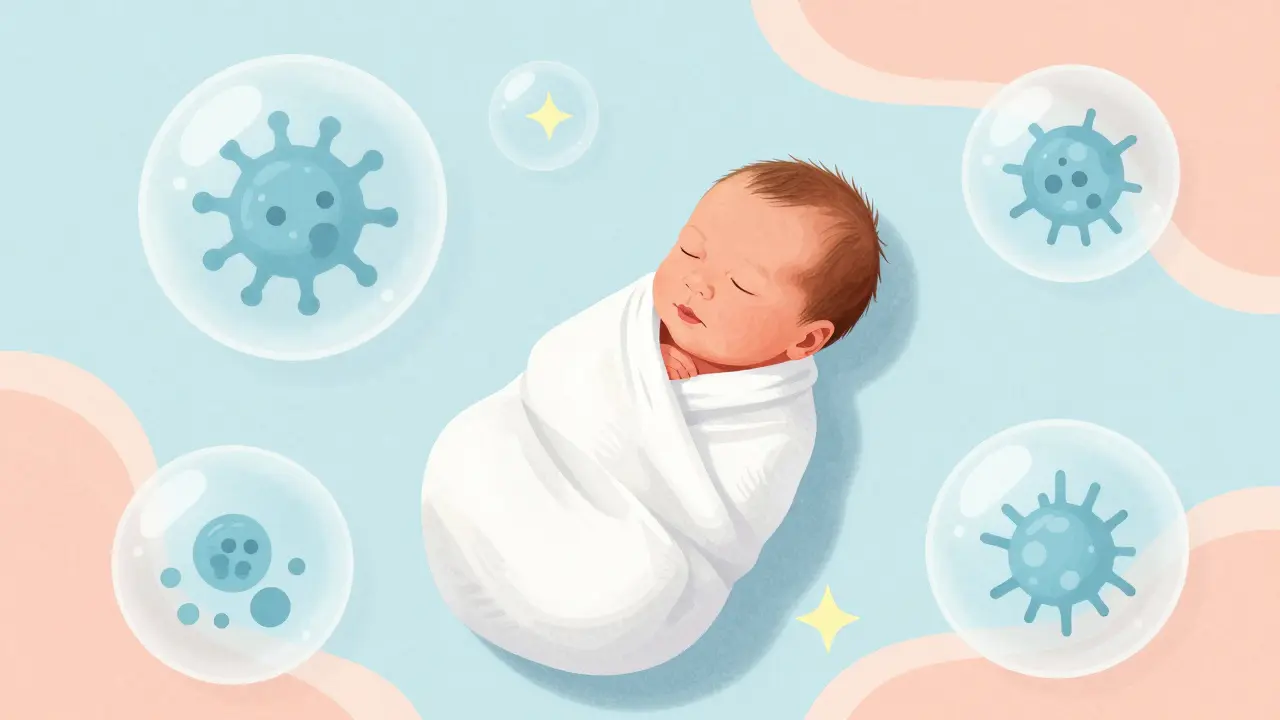Newborn baby surrounded by abstract protective bubbles and sparkling stars