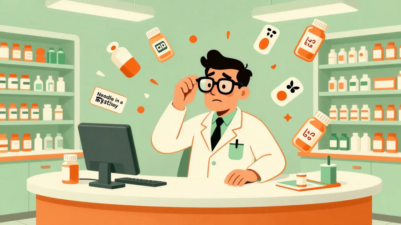 Retro-style illustration of a confused pharmacist searching through many medicine bottles.