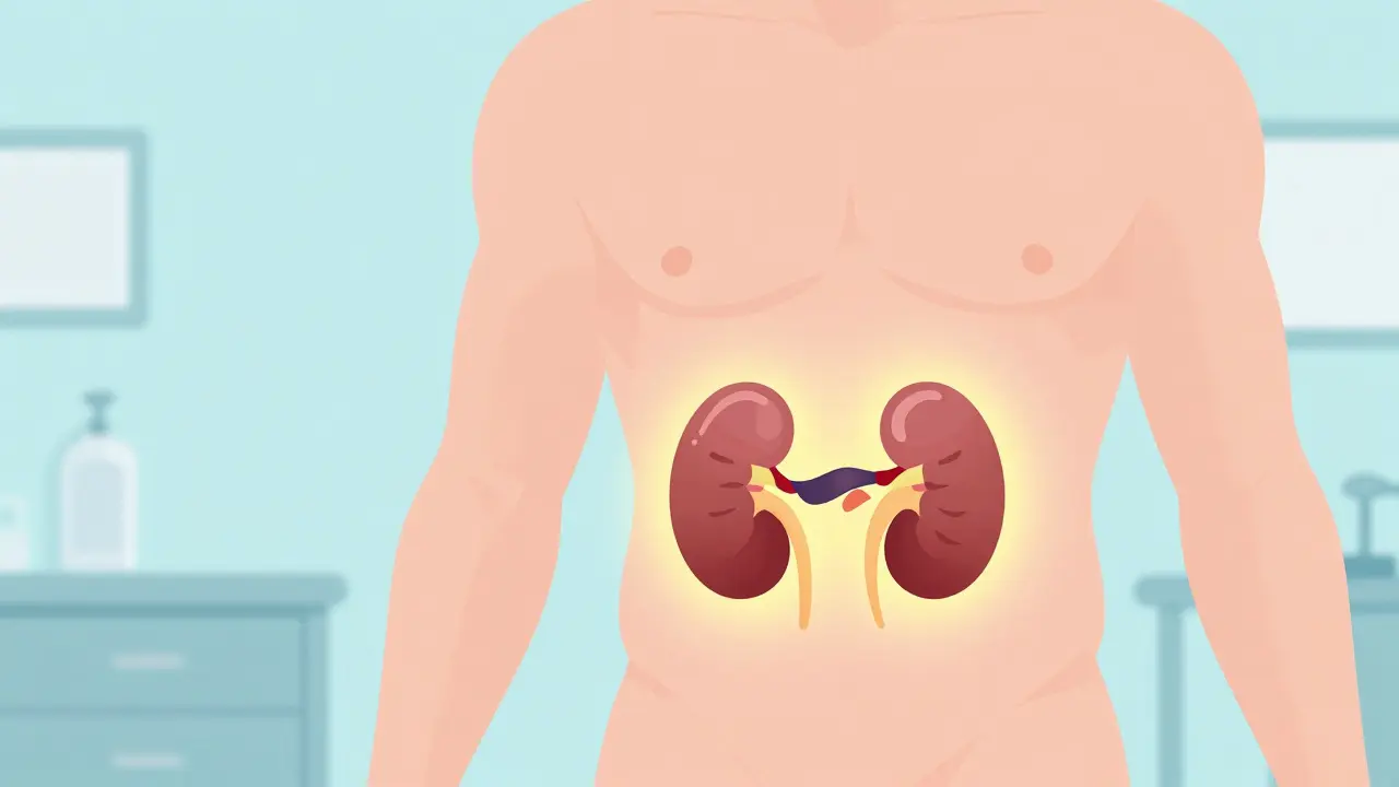 Stylized illustration of a new kidney being placed in the lower abdomen.