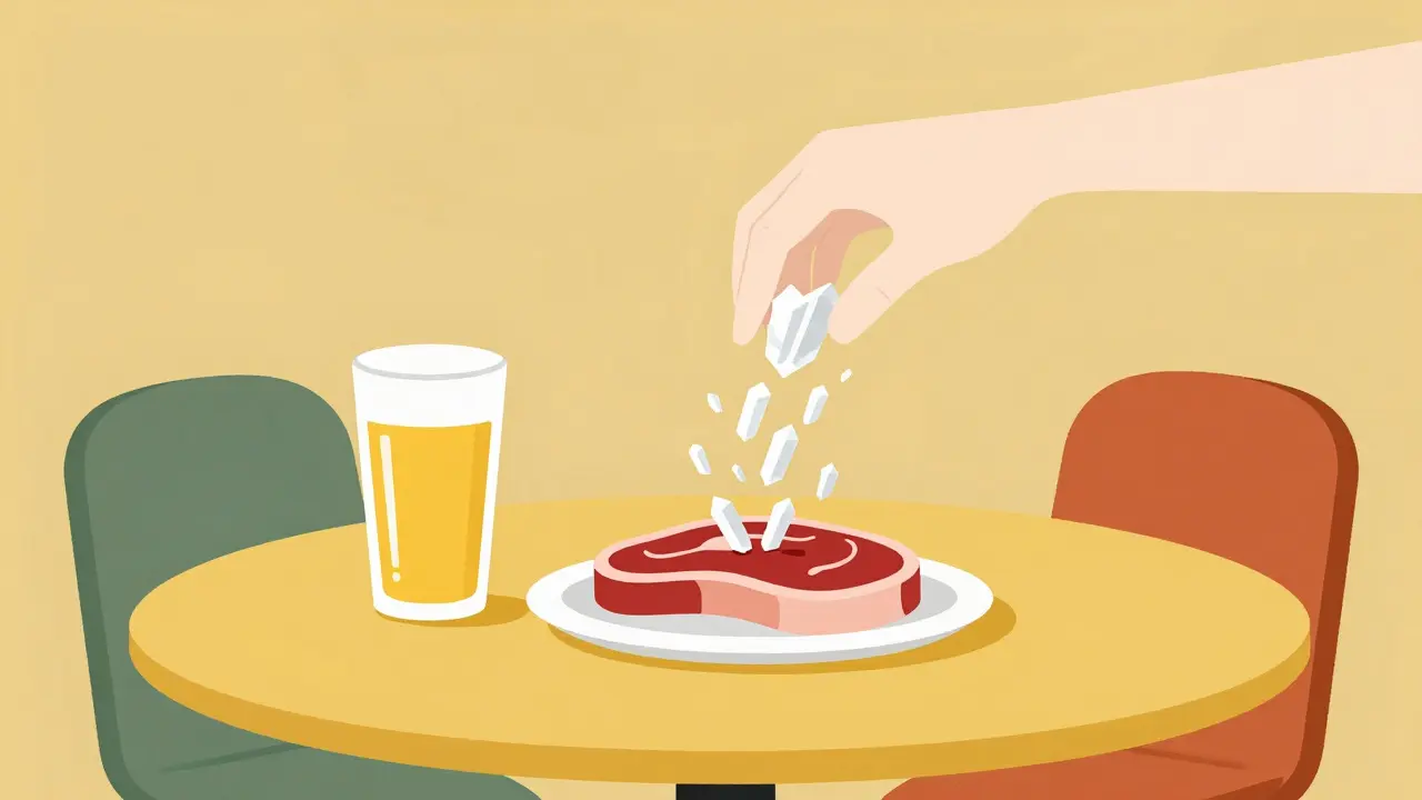 Stylized illustration of beer and red meat causing a cascade of crystals into a joint.