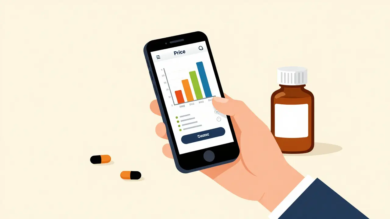 Vintage style illustration of a hand using a pharmacy price comparison app on a smartphone.