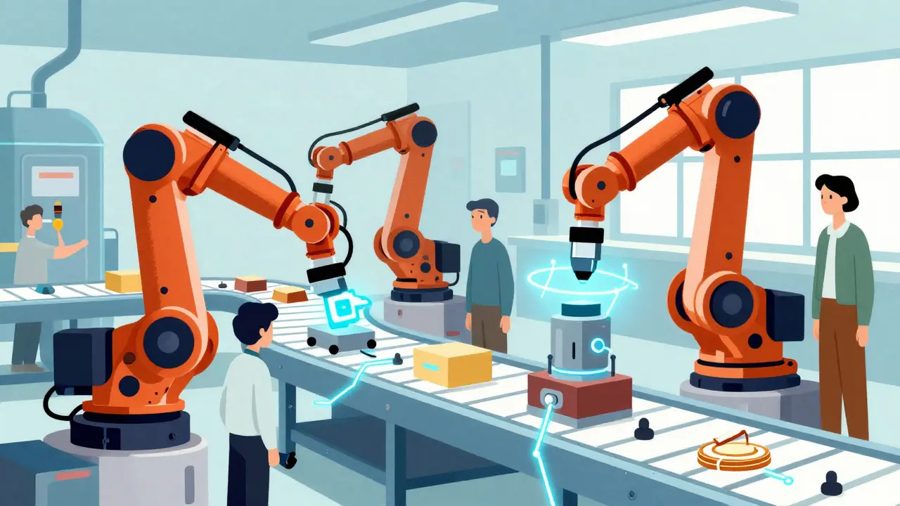 AI robots inspecting factory line with blockchain data links in retro illustration