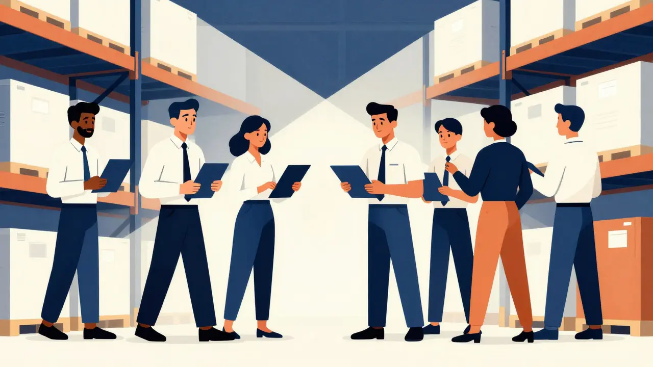 Auditors inspecting warehouse for quality control in mid-century modern art