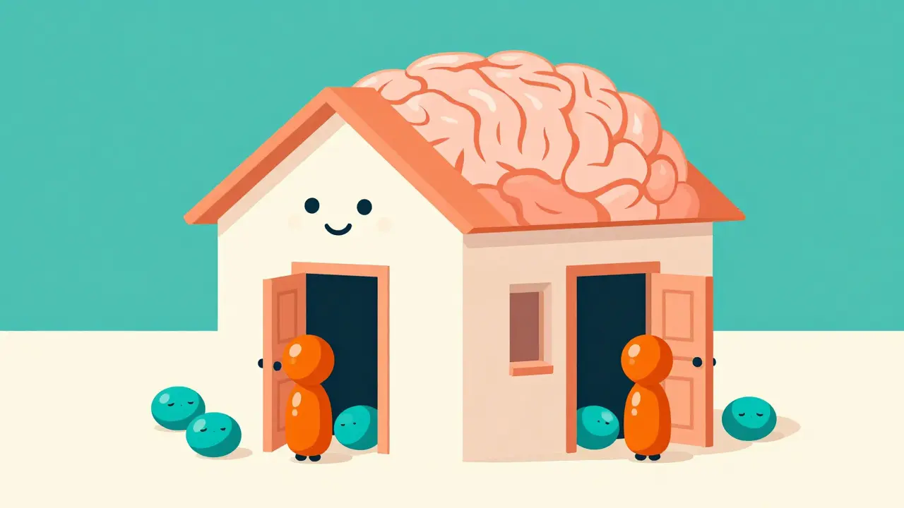 Cartoon brain showing caffeine blocking adenosine receptors