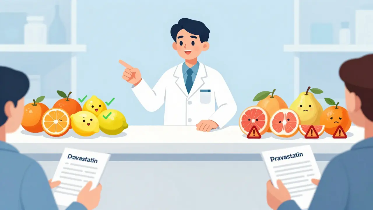Cartoon pharmacist comparing safe citrus fruits against risky grapefruits for medication safety.