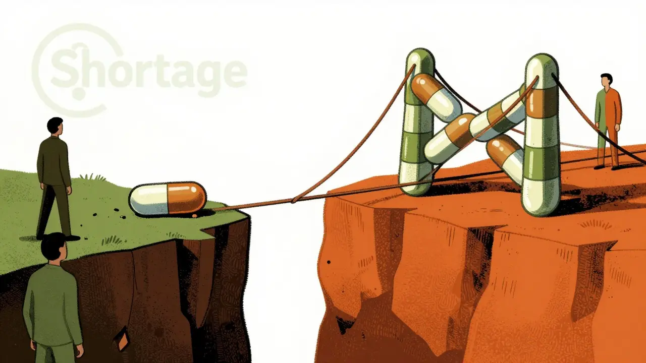 Cartoon showing sturdy bridge of multiple drugs vs fragile single source for shortages