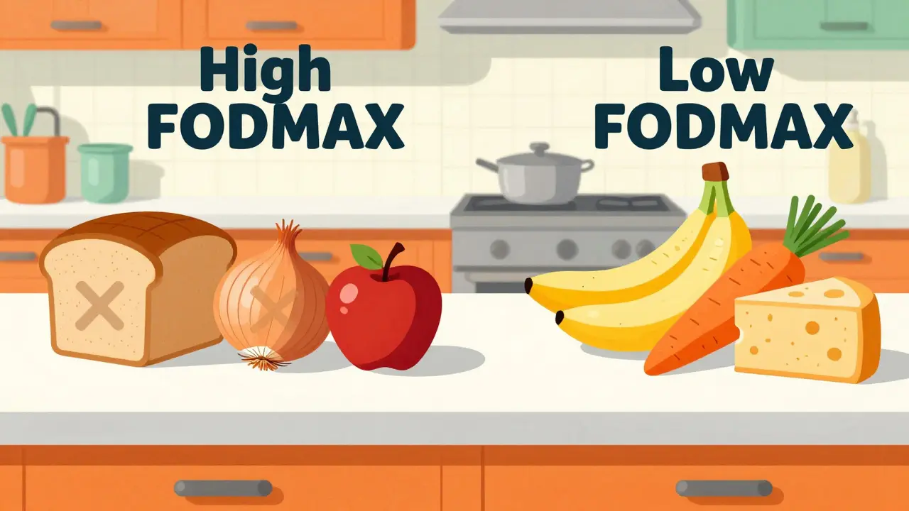 Comparison of high and low FODMAP foods on a kitchen counter