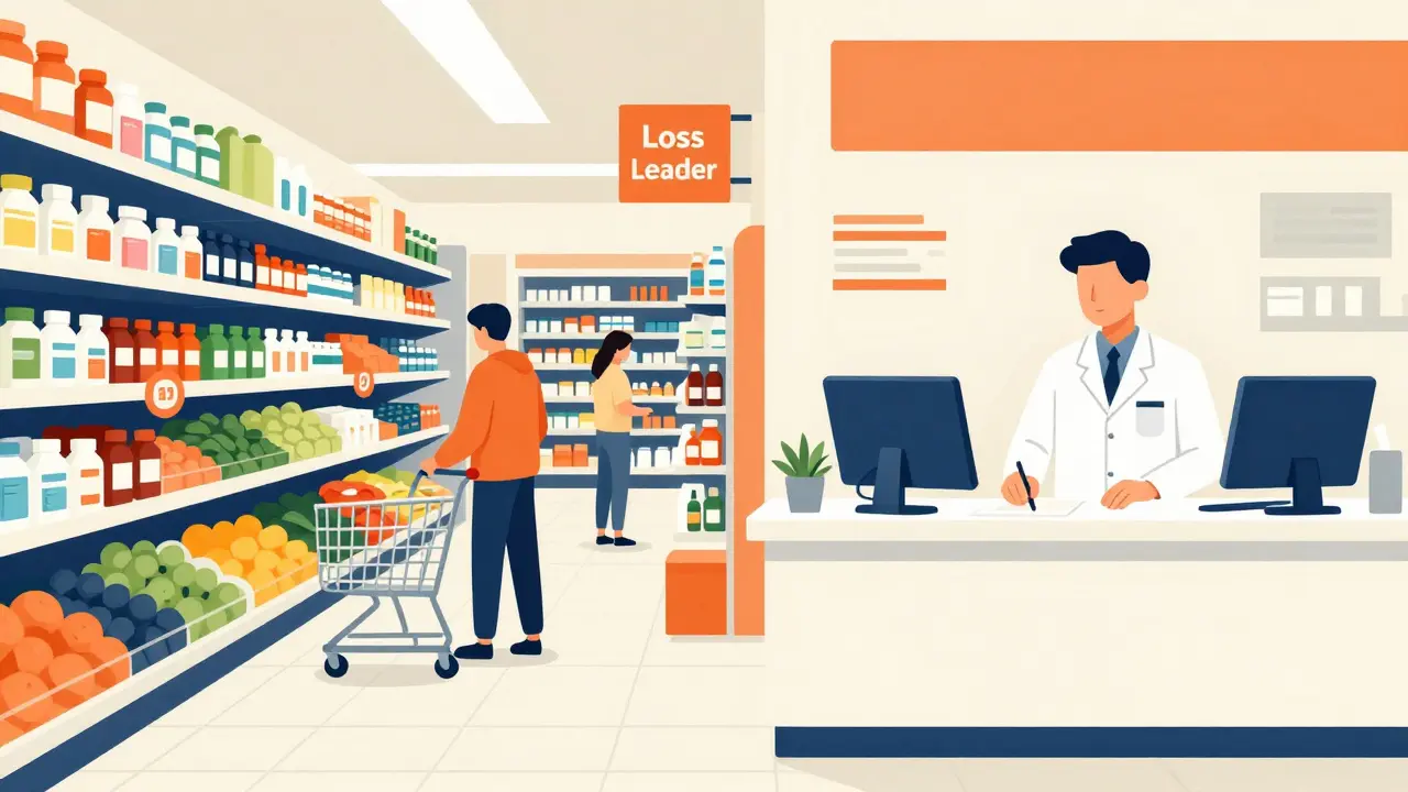 Comparison of supermarket pharmacy vs independent pharmacy in mid-century art style.