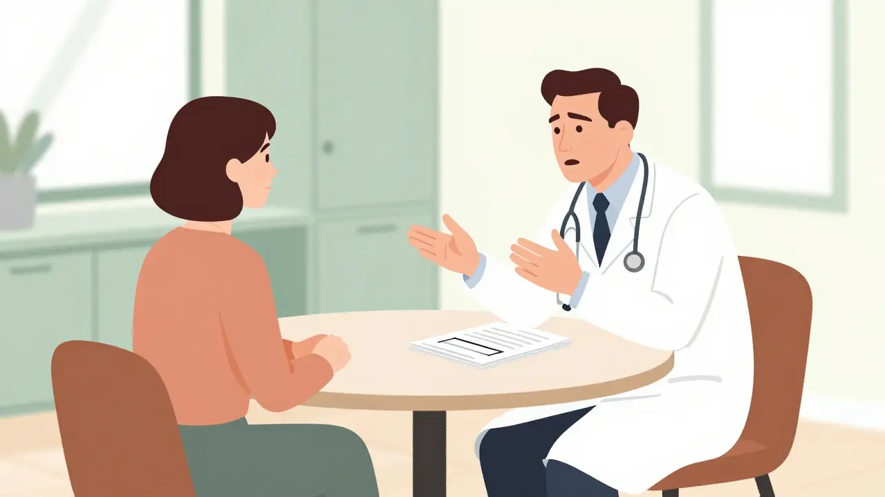 Doctor and patient discussing medication warnings