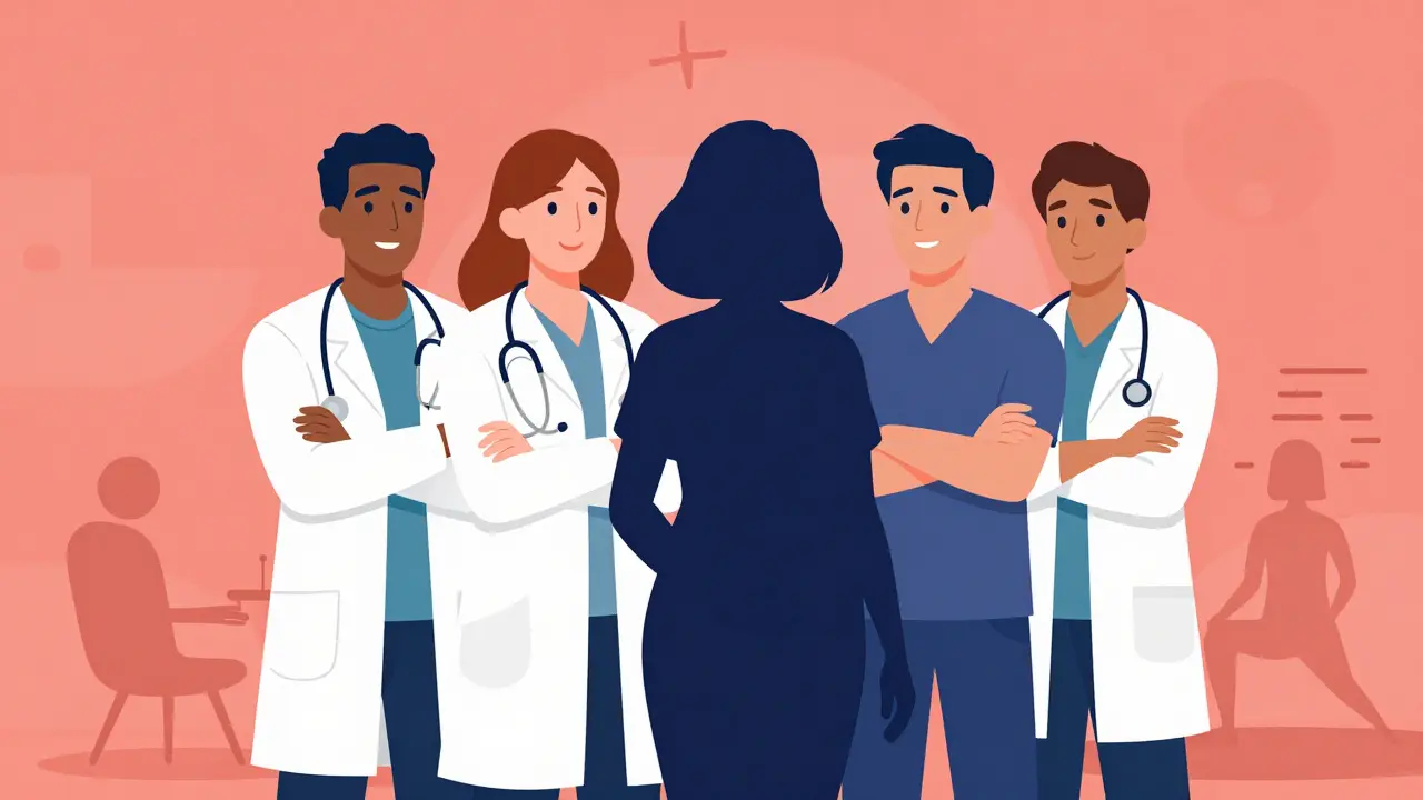 Doctors supporting pregnant patient, mid-century modern art