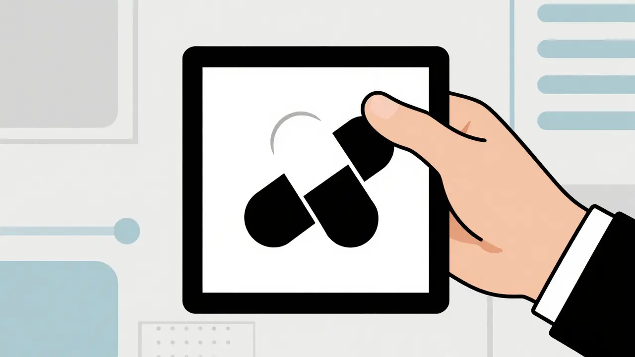 FDA hand placing black border frame over pill icon