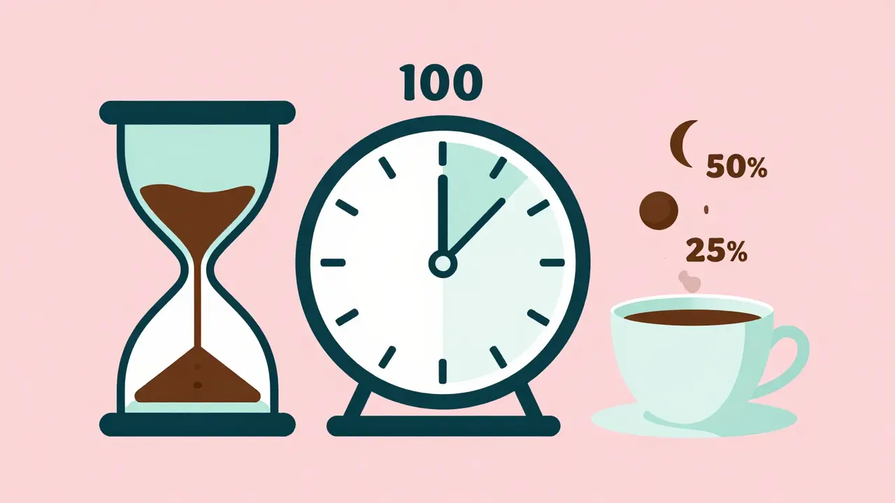 Illustration of caffeine half-life timeline reducing alertness
