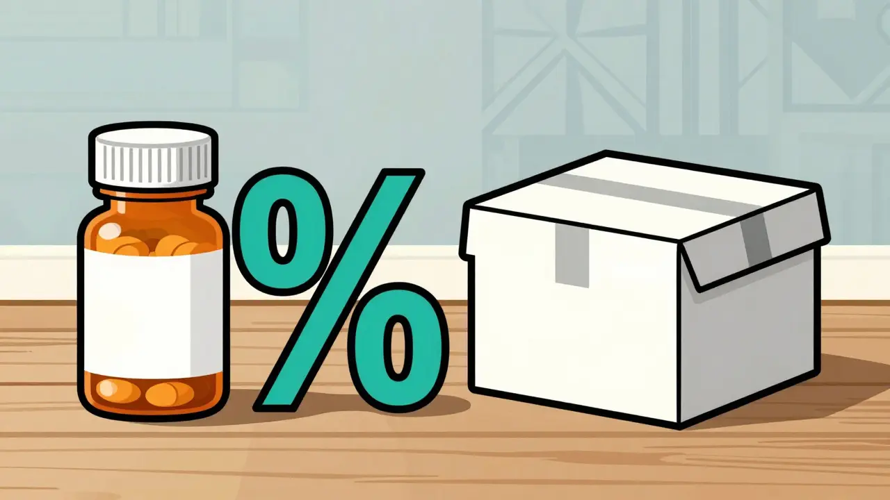 Illustration showing generic medicine bottle and delivery box highlighting cost savings.