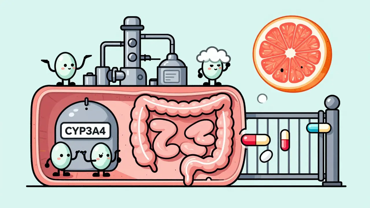Illustration showing grapefruit compounds blocking intestinal enzymes from breaking down medicine.