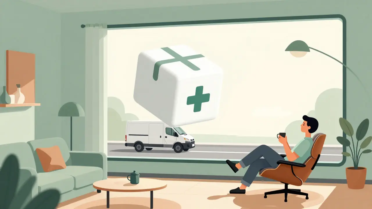 Medication package delivered to a cozy mid-century home