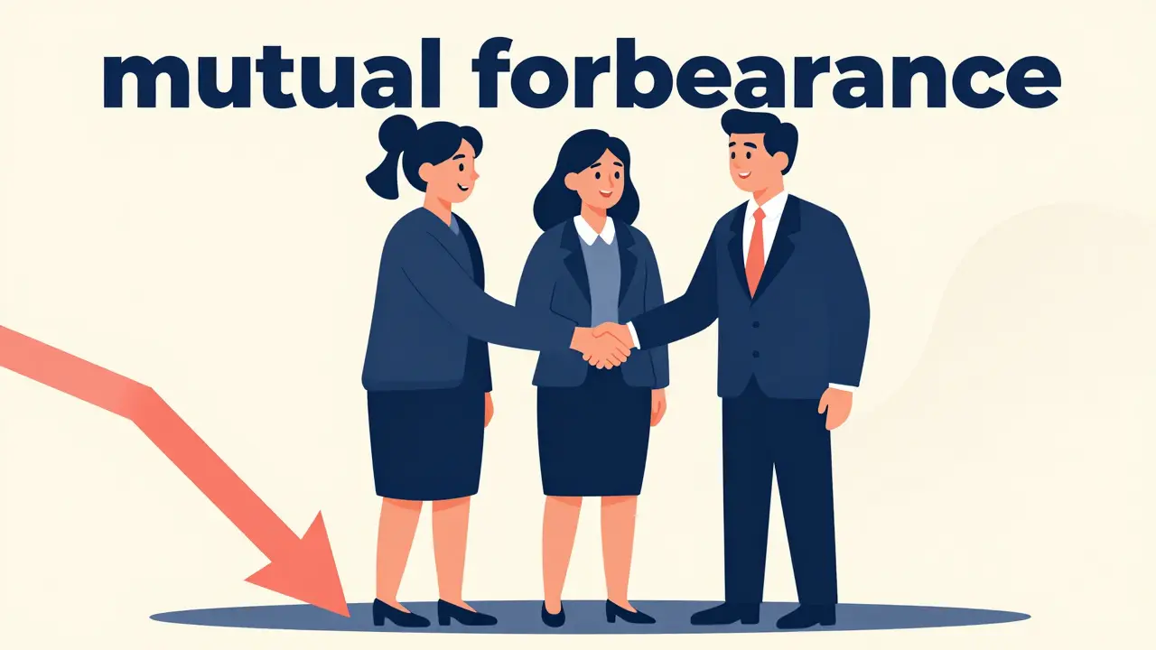Mid-century illustration of pharma companies shaking hands instead of competing on price