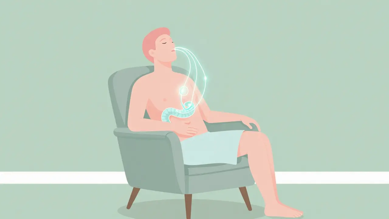 Mid-century modern art of a person relaxing in an armchair, visualizing the calming gut-brain connection.
