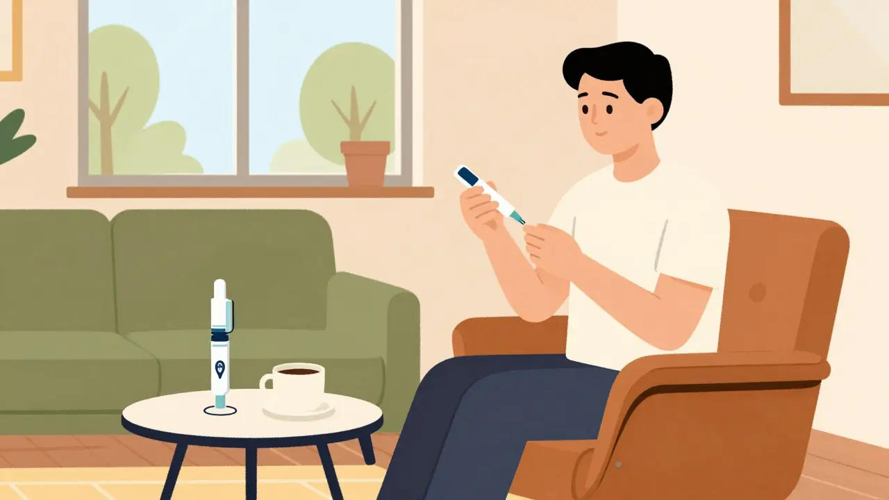 Person relaxing at home with medication supplies, retro illustration style